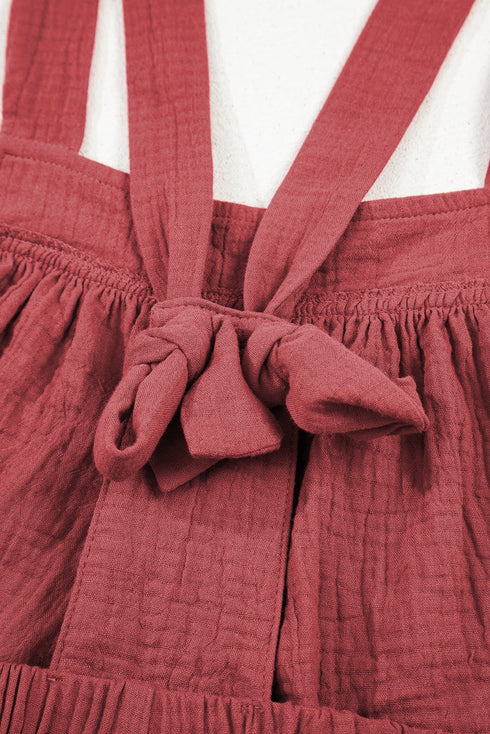 Boho Casual Knotted Back Strap Cotton Bib Front Wide Leg Jumpsuit